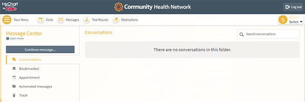 MyChart Message Center landing page