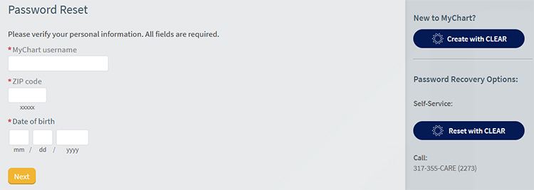 MyChart password reset options