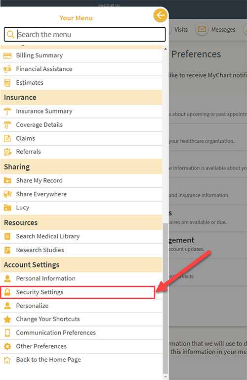 Your Menu > My Account > Security Settings