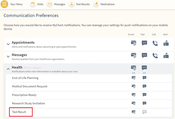 Your Menu > Communication Preferences > Health > Test Results