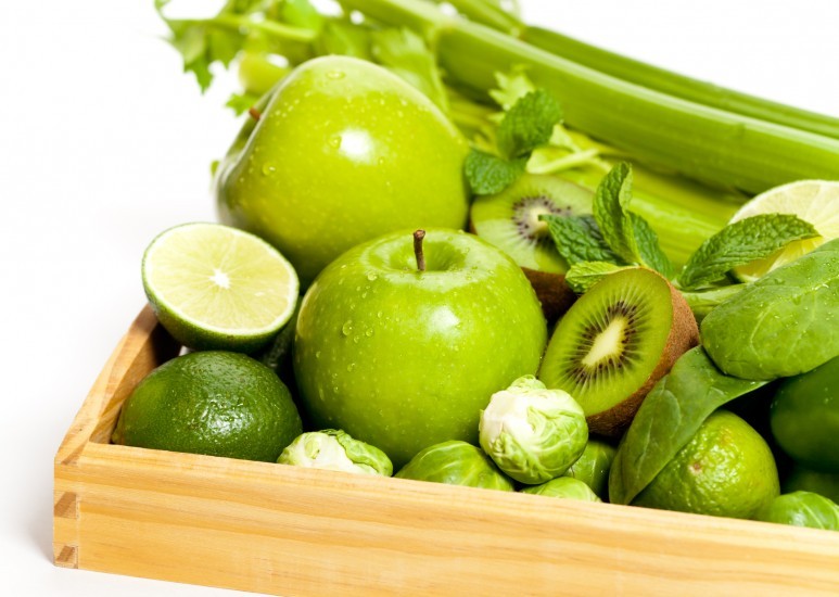 Tray of green fruits and vegetables