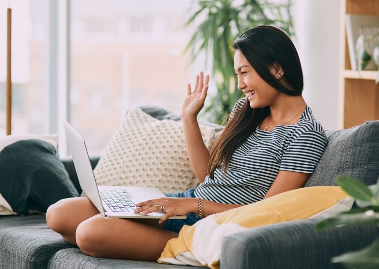woman video chatting in quarantine