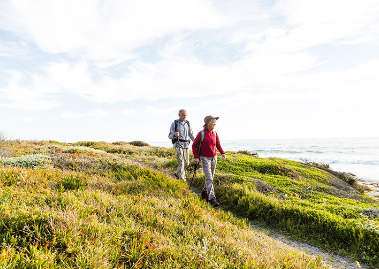 Older couple hiking and sightseeing 
