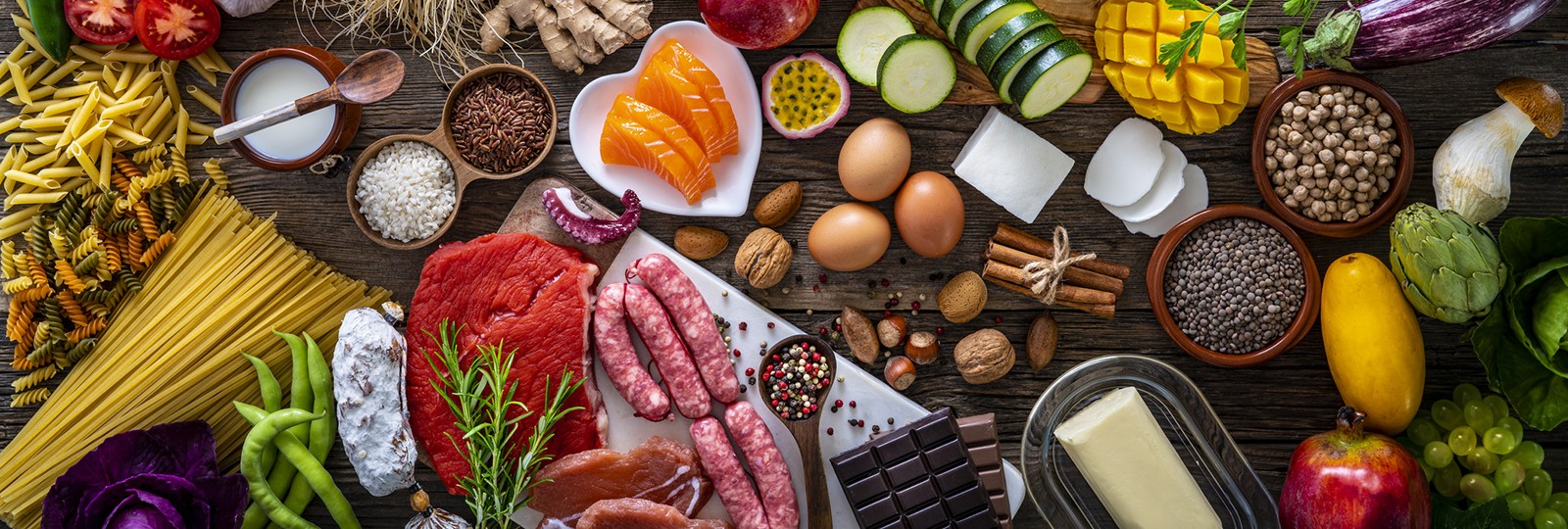 Assorted healthy fruits, vegetables and meats