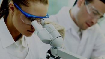 Clinical lab workers looking through microscope